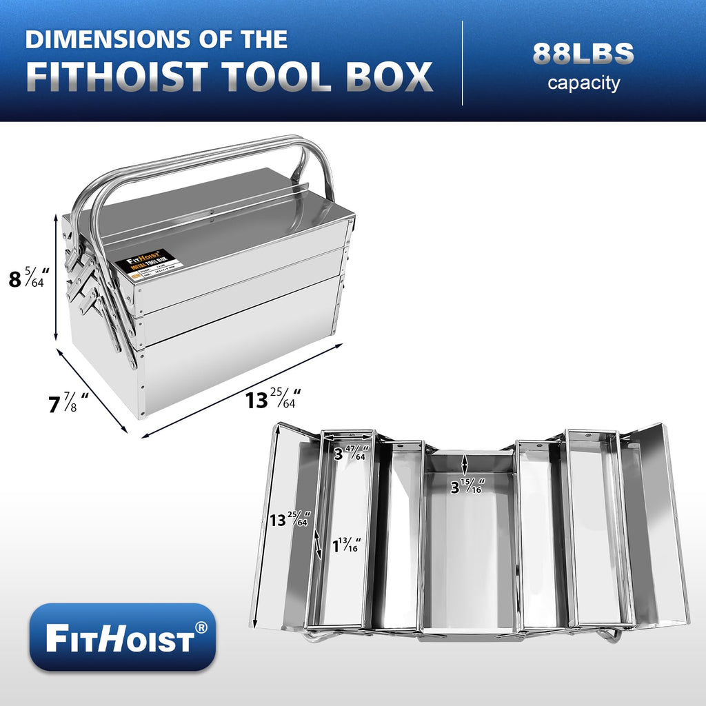 Metal Cantilever Tool Box, 3-Tier 5 Tray Fold Out  Steel Tool Box with Handle, 14" Stack-able Portable Tool StoraBox Organizers Chest for Household Factory Warehouse Repair Shop