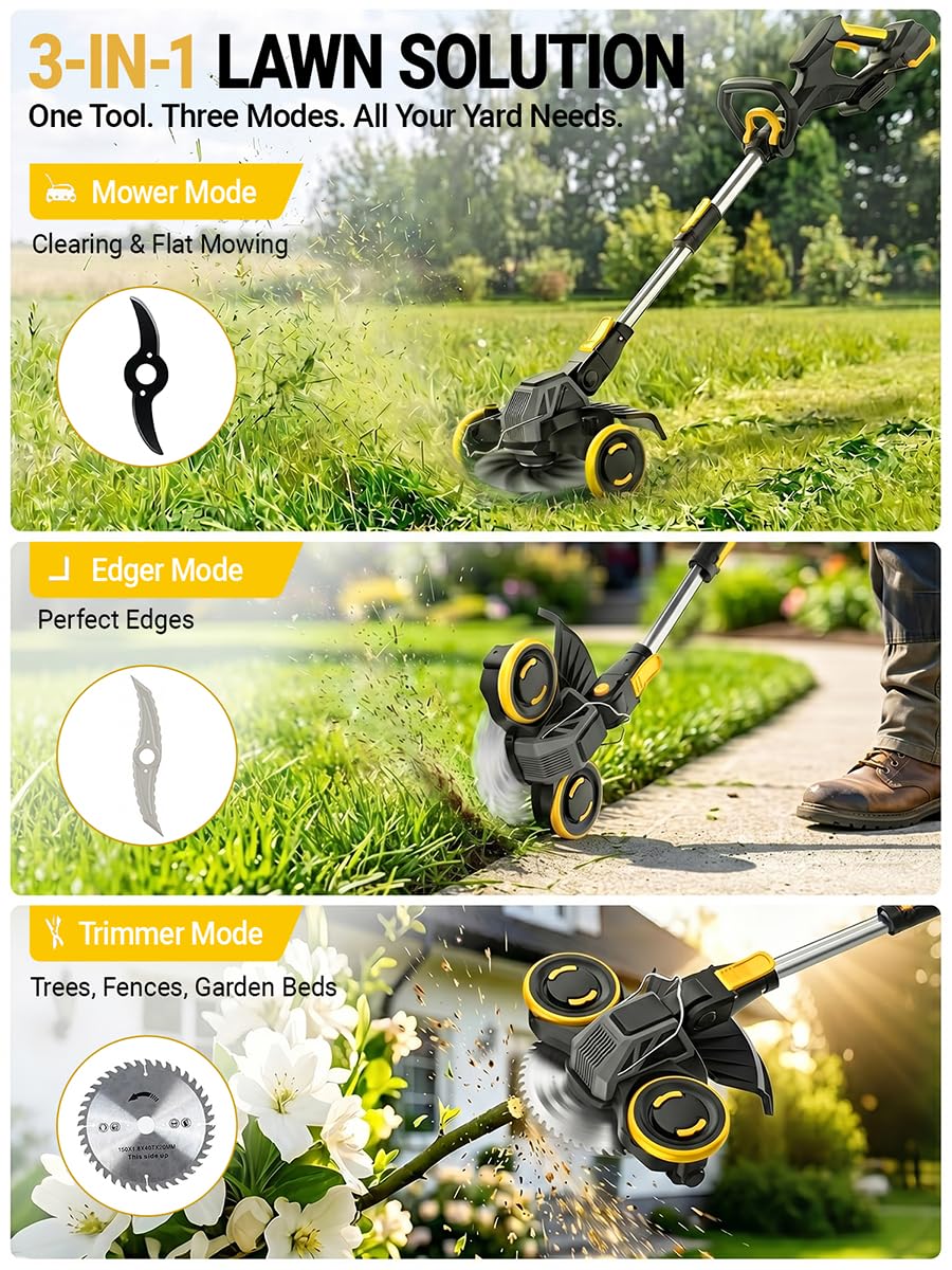 Brushless Cordless Weed Wacker, 4820 Gear Brushless Motor 20V Battery Powered Weed Eater, 3-in-1 Trimmer/Edger/Lawn Mower (5.2A Battery)
