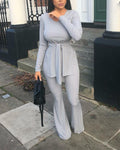 solid tie front slit hem top &amp; flared leg pants set