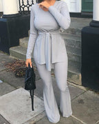 solid tie front slit hem top &amp; flared leg pants set