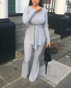 solid tie front slit hem top &amp; flared leg pants set