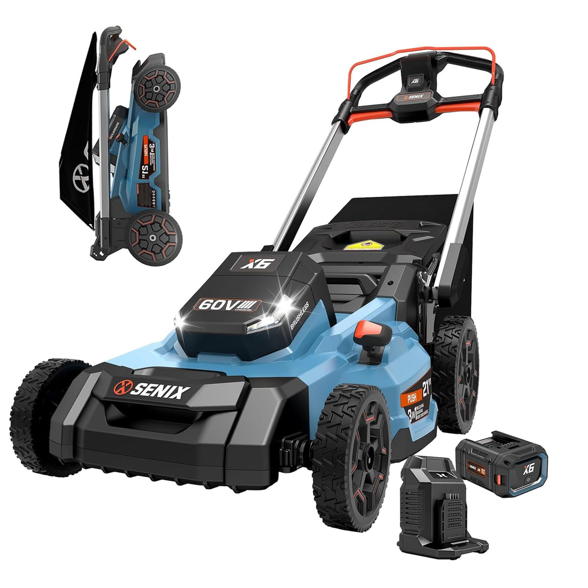 21" 60V Electric Push Lawn Mower, Cordless Push Mower with 6.0Ah Battery &amp; Charger, 7-Height Adjustment, LED Light (Note: Battery &amp; Mower Shipped Separately)