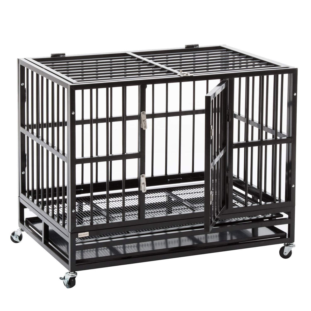 WALCUT Heavy Duty Dog CaRolling Metal Pet Crate Folding Kennel with Double Door Playpen Wheels &amp; Tray