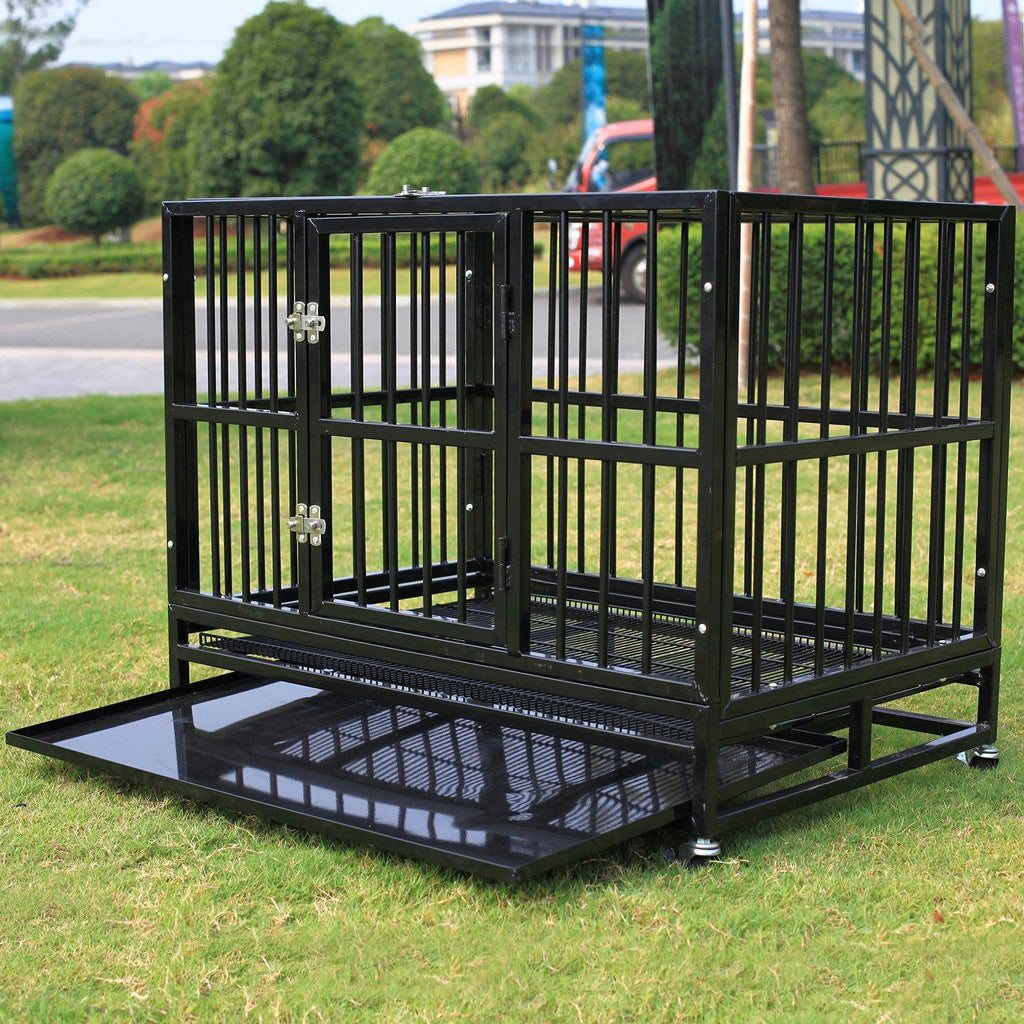 WALCUT Heavy Duty Dog CaRolling Metal Pet Crate Folding Kennel with Double Door Playpen Wheels &amp; Tray