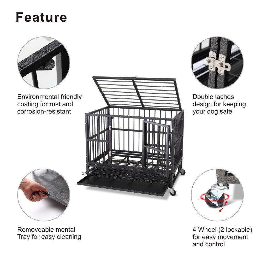 WALCUT Heavy Duty Dog CaRolling Metal Pet Crate Folding Kennel with Double Door Playpen Wheels &amp; Tray