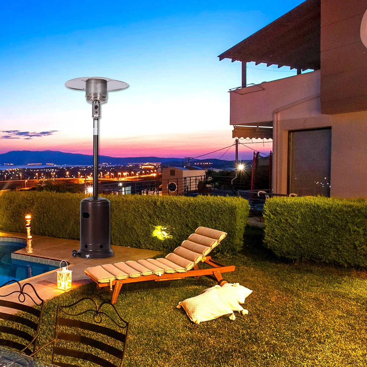 Outdoor Patio Gas Heater,Portable Heater,88 Inches Tall Premium Standing Patio Heater,With Auto Shut Off And Simple Ignition System,Wheels And Base Reservoir