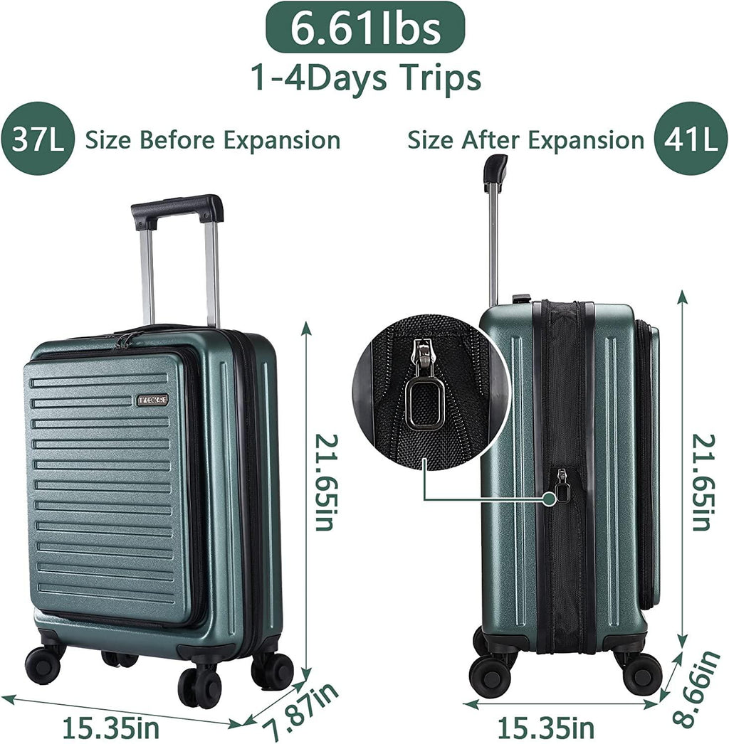 20 Inch Carrry On Luggage with Front Zipper Pocket &amp; Expandable, 37-41L, Lightweight ABS+PC Hardshell Suitcase with TSA Lock &amp; Spinner Silent Wheels, Convenient for Trips, Dark Green