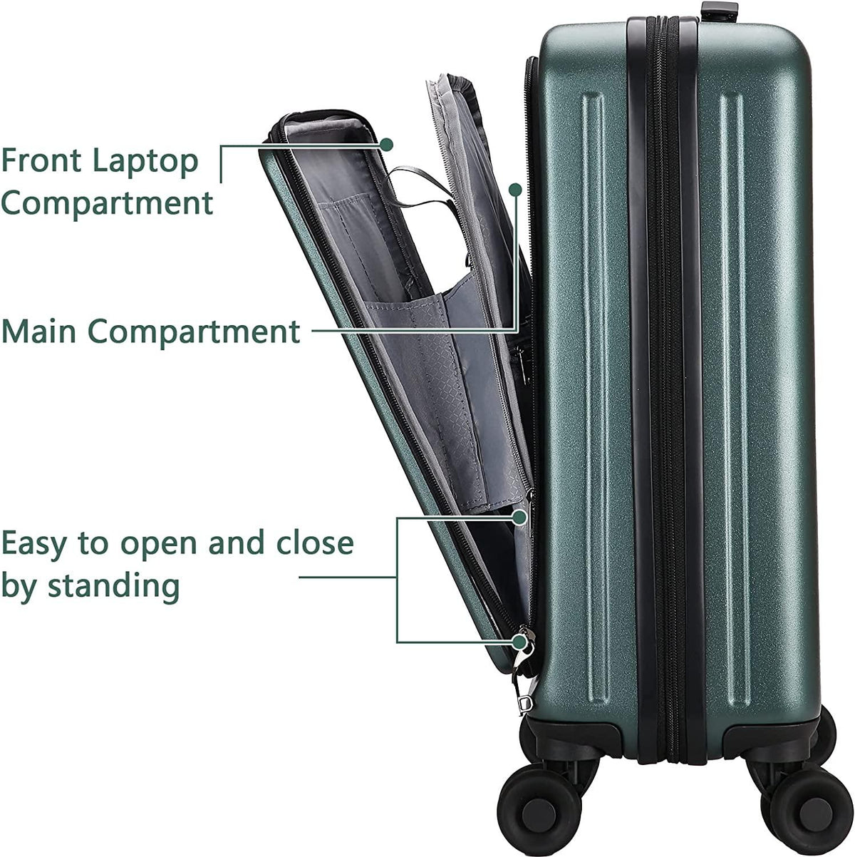 20 Inch Carrry On Luggage with Front Zipper Pocket &amp; Expandable, 37-41L, Lightweight ABS+PC Hardshell Suitcase with TSA Lock &amp; Spinner Silent Wheels, Convenient for Trips, Dark Green