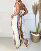 tie dye frill trim fringe belted cami jumpsuit