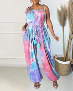 tie dye frill trim fringe belted cami jumpsuit