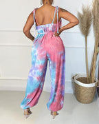 tie dye frill trim fringe belted cami jumpsuit