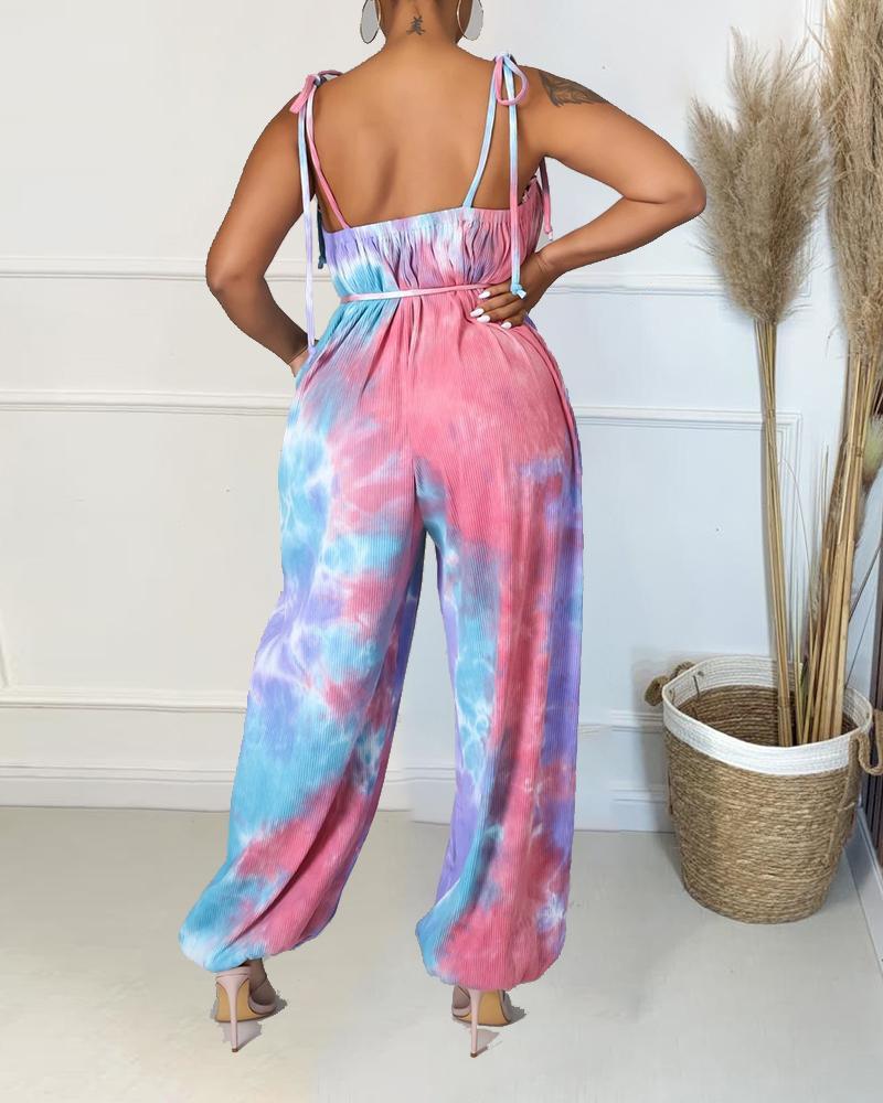 tie dye frill trim fringe belted cami jumpsuit