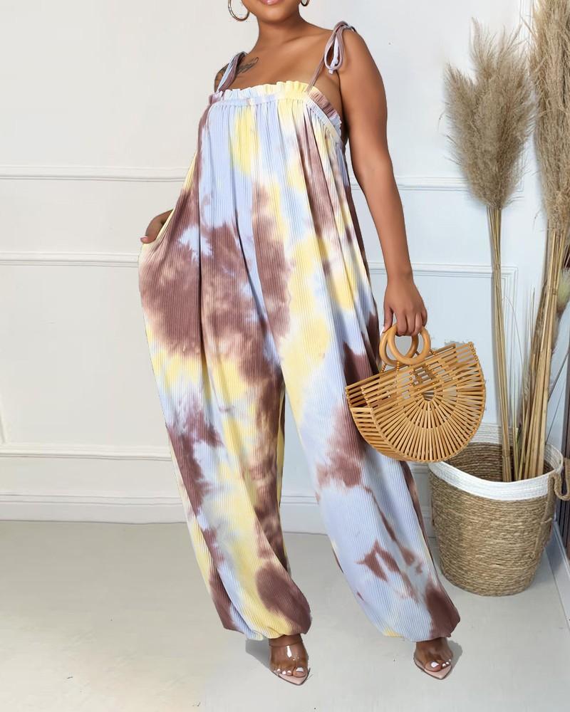 tie dye frill trim fringe belted cami jumpsuit