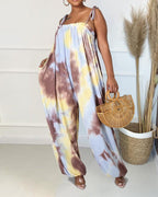 tie dye frill trim fringe belted cami jumpsuit