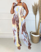 tie dye frill trim fringe belted cami jumpsuit