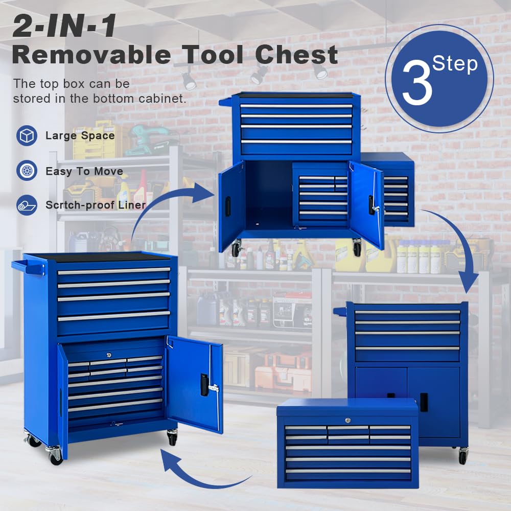 13-Drawer Rolling Tool Chest, 2 in 1 Detachable Metal Tool Cabinet with Lock & Wheels, Heavy-Duty Tool StoraOrganizer for Garage, Workshop, Auto Repair & Home(Blue)