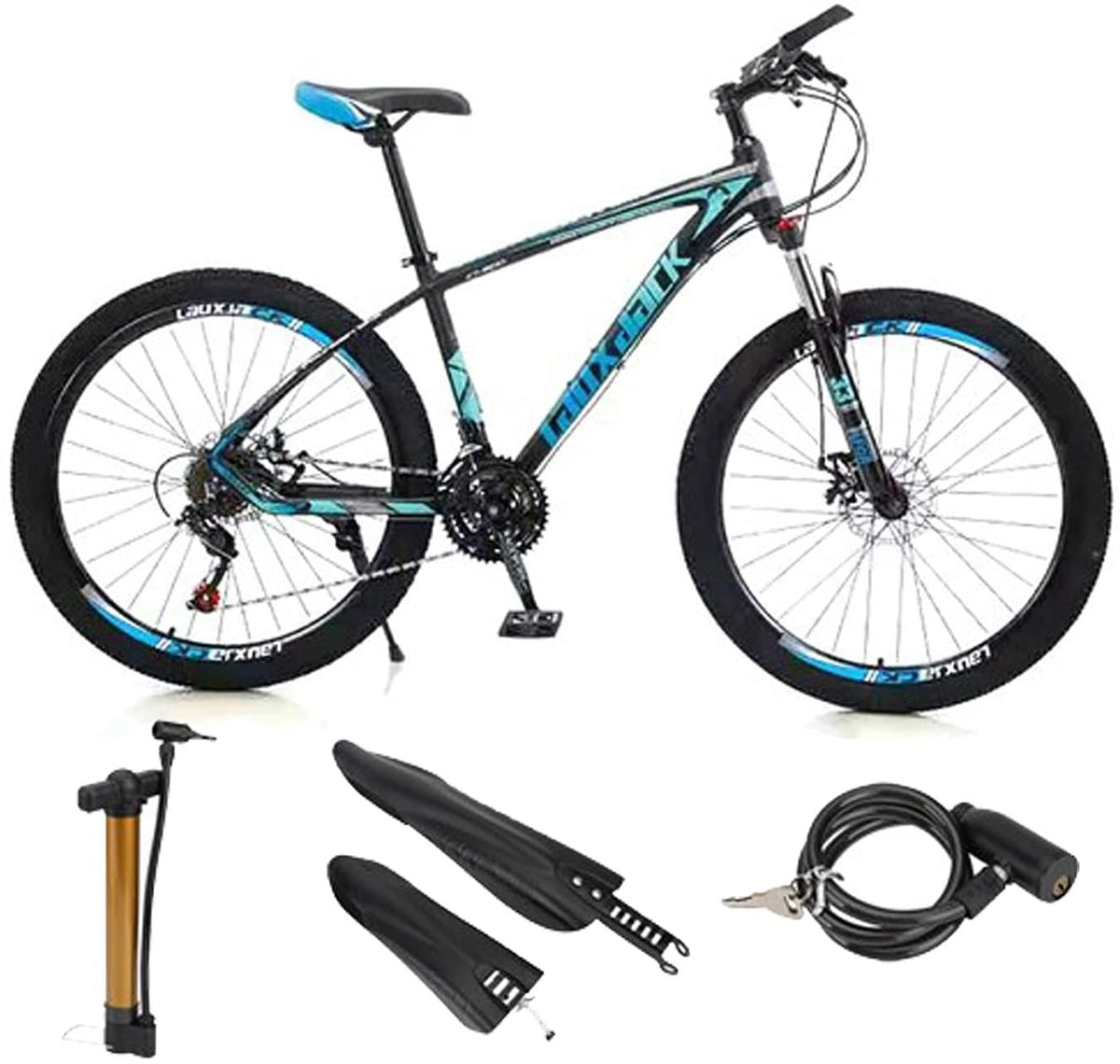 VIPIH Mens Mountain Bike 27.5-Inch Wheels, Aluminum Frame, 21 Speed Thumb Shifter, Front Suspension, Dual Disc Brakes Women Adult Bicycles Blue-Black w/mudguards, Bike Lock, Air Pump