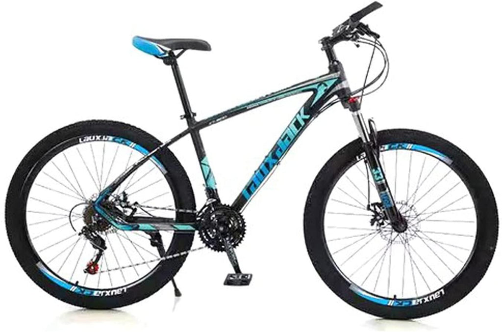 VIPIH Mens Mountain Bike 27.5-Inch Wheels, Aluminum Frame, 21 Speed Thumb Shifter, Front Suspension, Dual Disc Brakes Women Adult Bicycles Blue-Black w/mudguards, Bike Lock, Air Pump