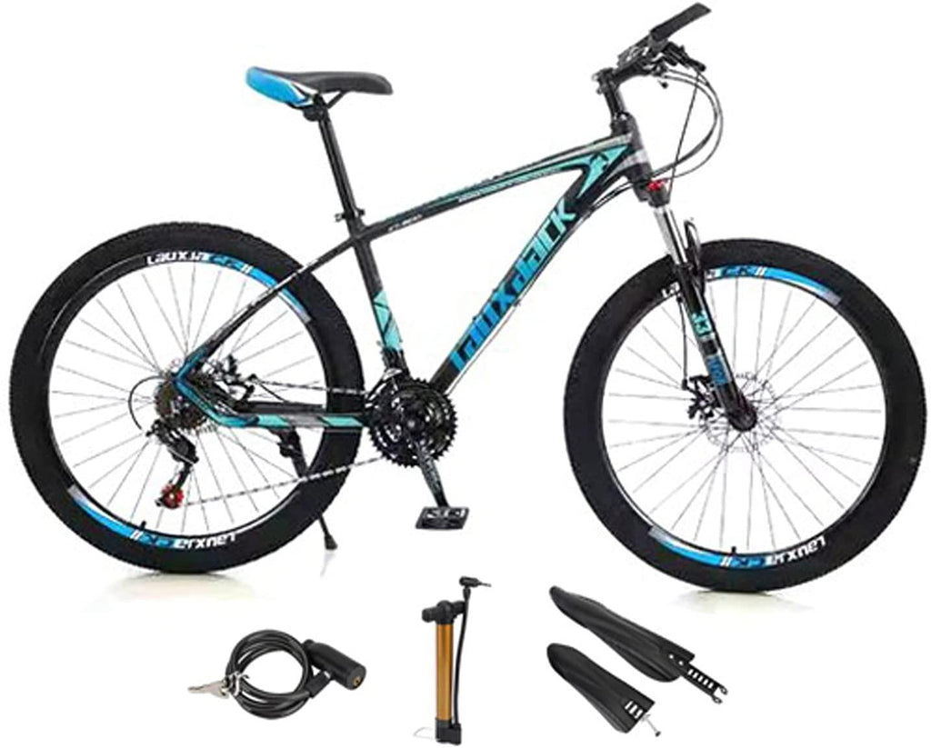 VIPIH Mens Mountain Bike 27.5-Inch Wheels, Aluminum Frame, 21 Speed Thumb Shifter, Front Suspension, Dual Disc Brakes Women Adult Bicycles Blue-Black w/mudguards, Bike Lock, Air Pump