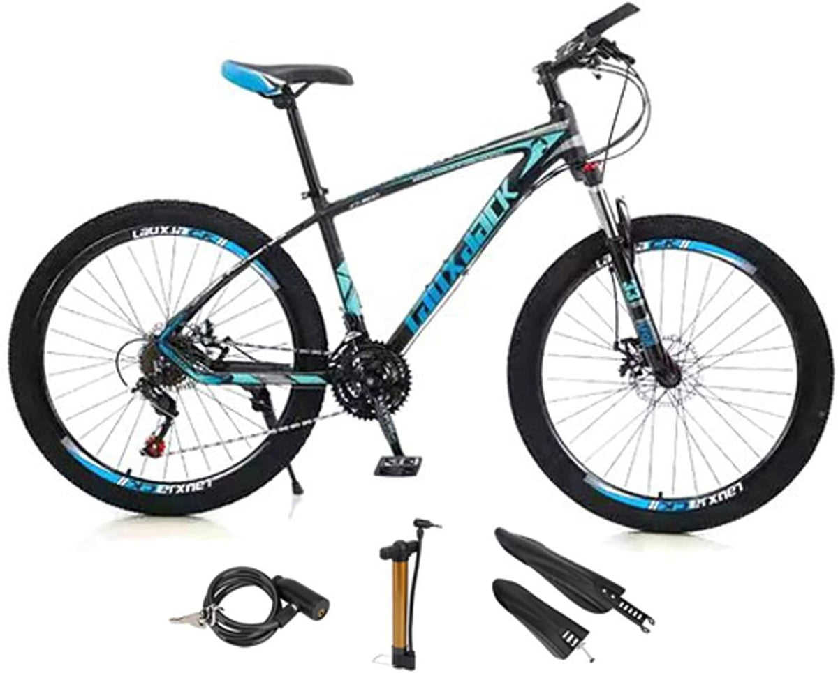 VIPIH Mens Mountain Bike 27.5-Inch Wheels, Aluminum Frame, 21 Speed Thumb Shifter, Front Suspension, Dual Disc Brakes Women Adult Bicycles Blue-Black w/mudguards, Bike Lock, Air Pump