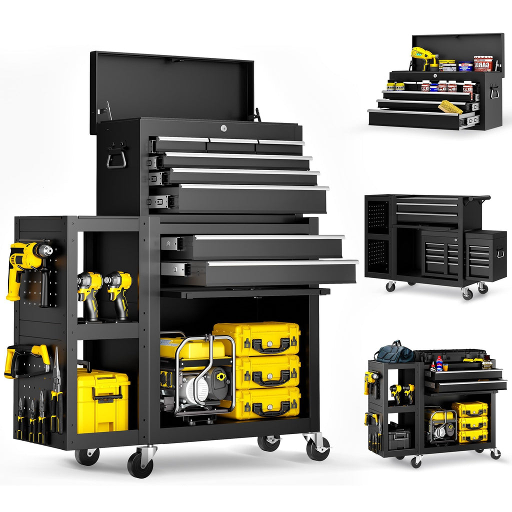8-Drawer Rolling Tool Chest,3-in-1 Tool Box on Wheels with Lockable Steel Garage, Detachable Top Toolbox & Bottom StoraCart with Additional Cabinet for Repair Room,Warehouse, 2026 Black