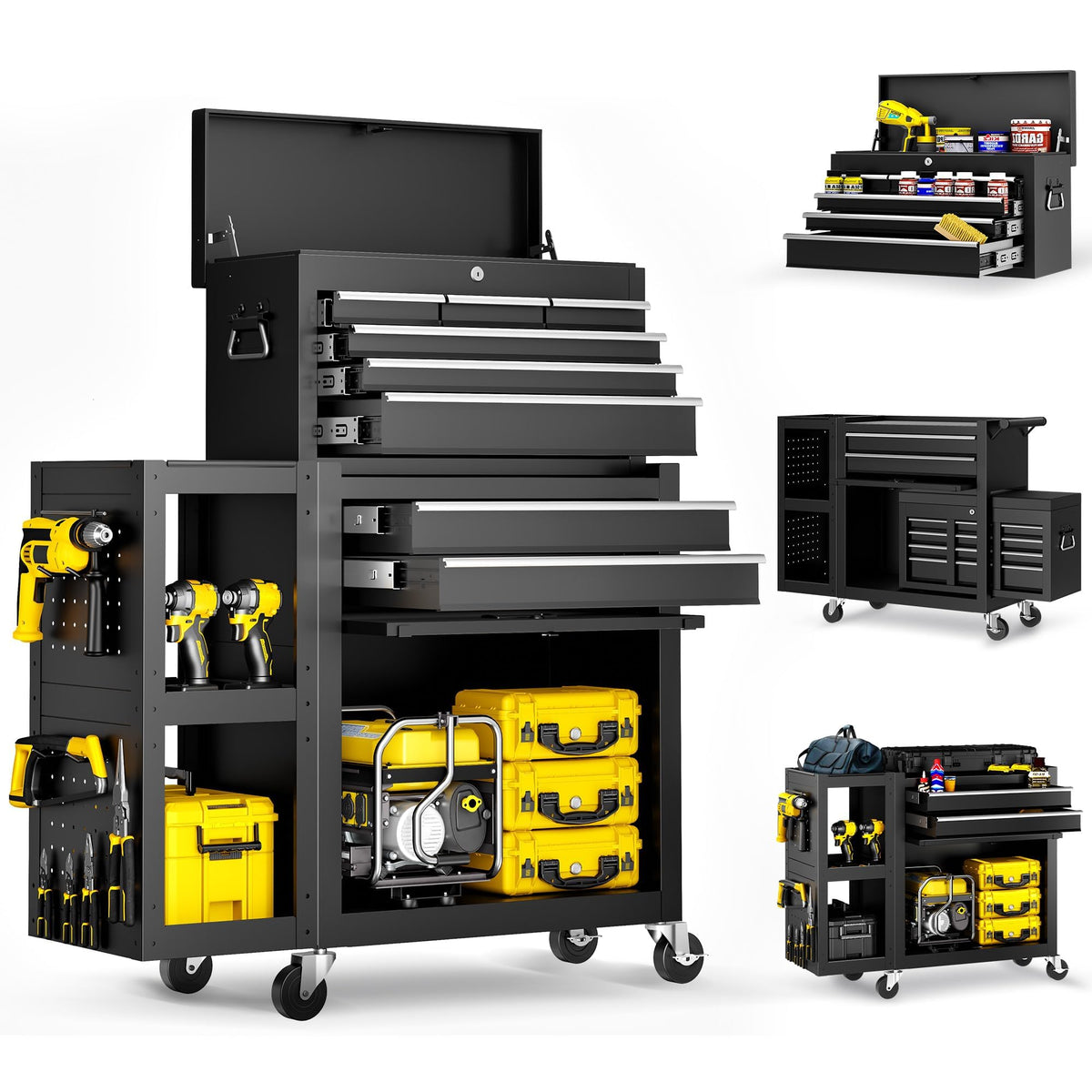 8-Drawer Rolling Tool Chest,3-in-1 Tool Box on Wheels with Lockable Steel Garage, Detachable Top Toolbox & Bottom StoraCart with Additional Cabinet for Repair Room,Warehouse, 2026 Black