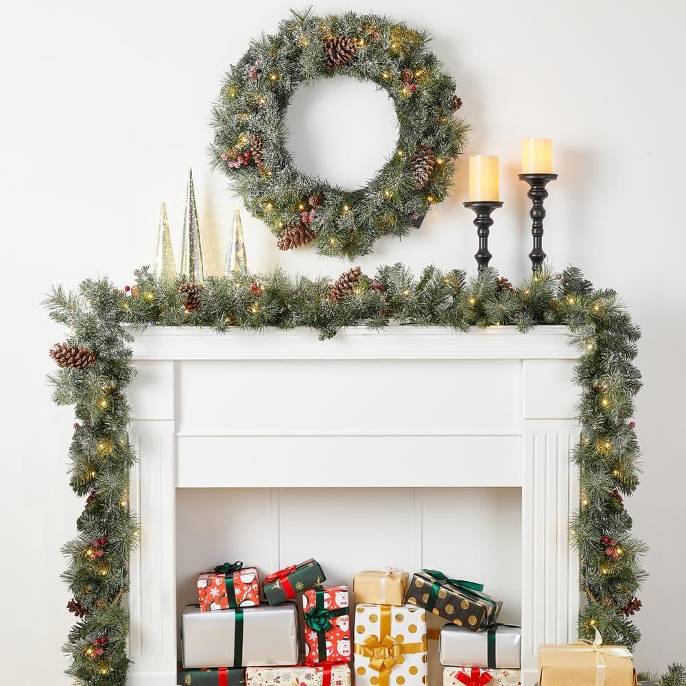 24 in. D 9 ft. L Pre-Lit Glittered Pine Cone Artificial Christmas Garland Set and Wreath (2-Pack)