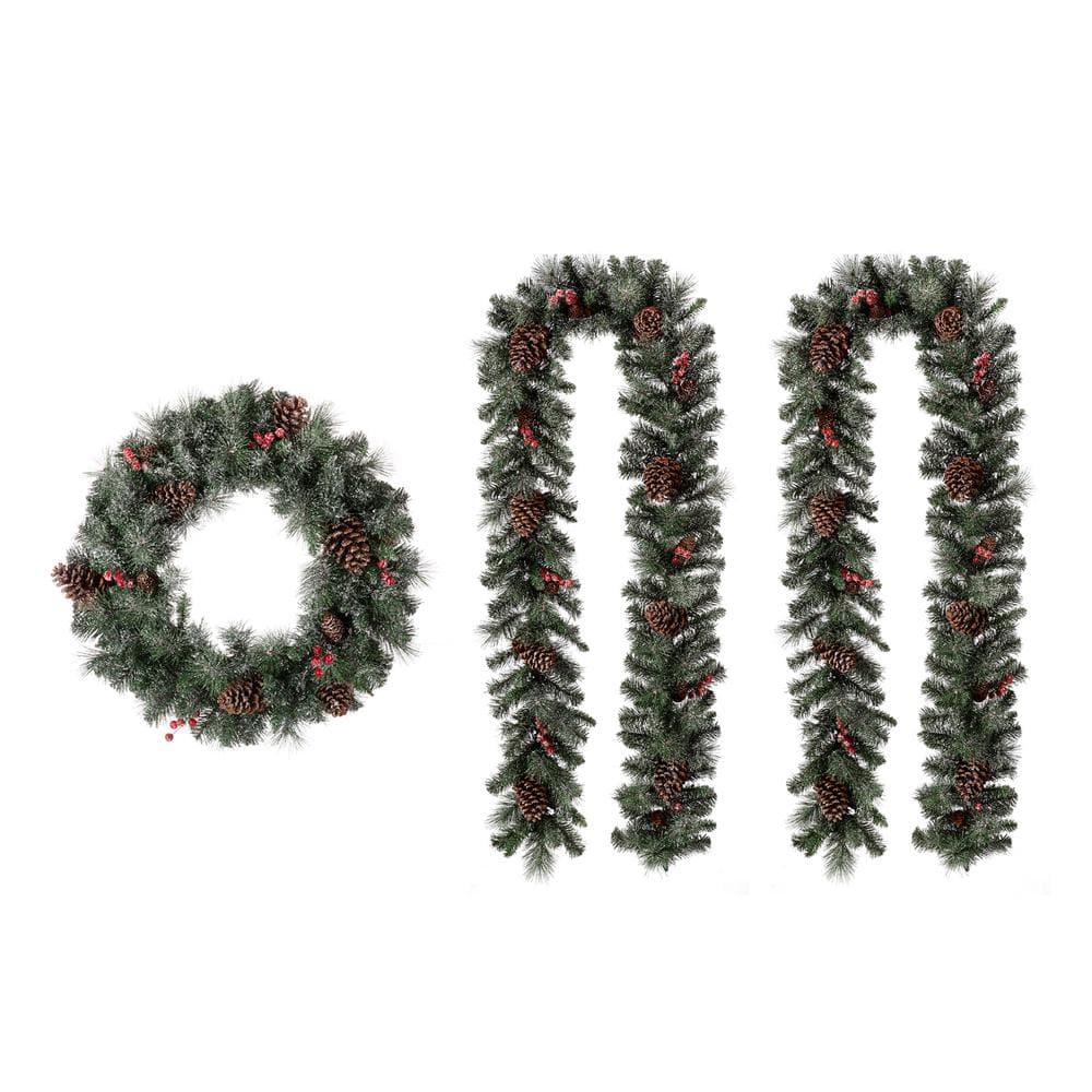 24 in. D 9 ft. L Pre-Lit Glittered Pine Cone Artificial Christmas Garland Set and Wreath (2-Pack)