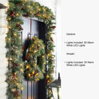 24 in. D 9 ft. L Pre-Lit Glittered Pine Cone Artificial Christmas Garland Set and Wreath (2-Pack)