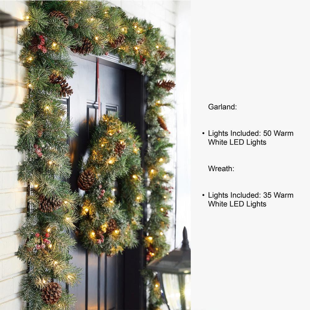 24 in. D 9 ft. L Pre-Lit Glittered Pine Cone Artificial Christmas Garland Set and Wreath (2-Pack)