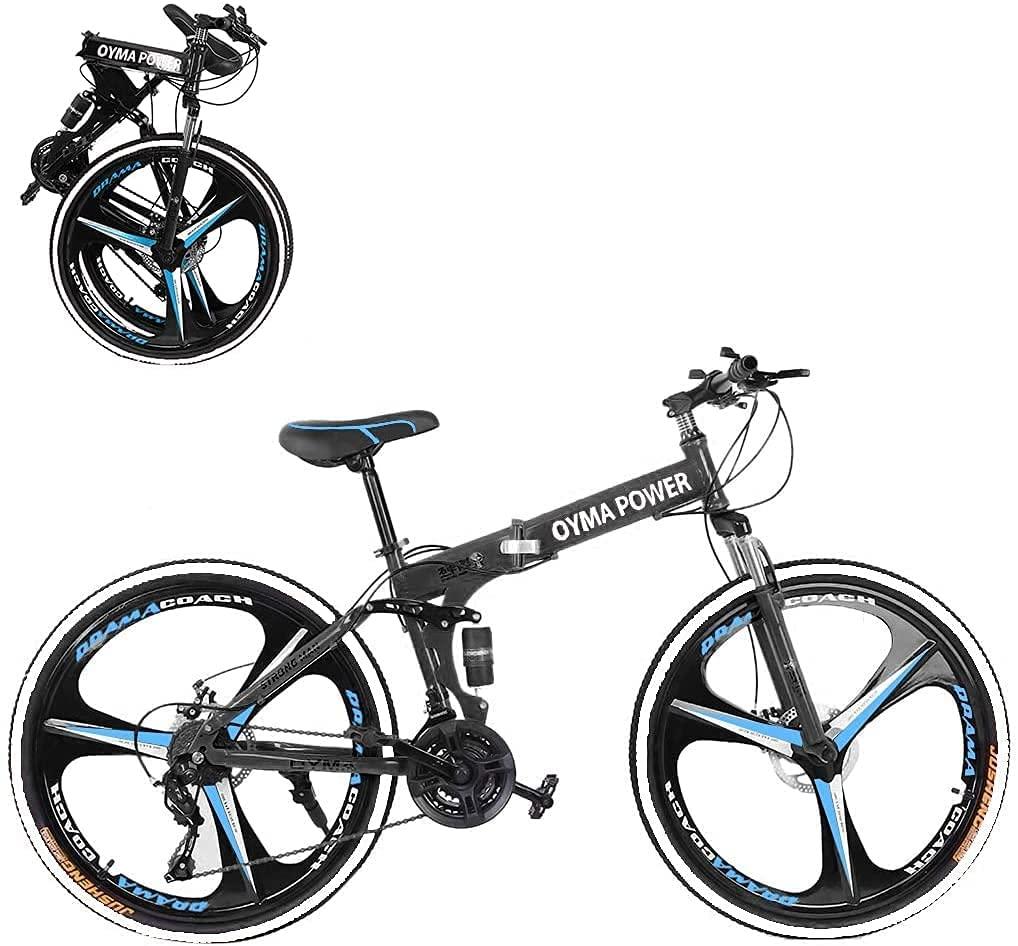26 inch Folding Mountain Bikes with 21 Speed, Non-Slip Adults Mountain Bike for Men and Women, High-Carbon Steel Mountain Bicycle with Double Disc Brakes and Full Suspension, US Stock