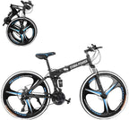 26 inch Folding Mountain Bikes with 21 Speed, Non-Slip Adults Mountain Bike for Men and Women, High-Carbon Steel Mountain Bicycle with Double Disc Brakes and Full Suspension, US Stock