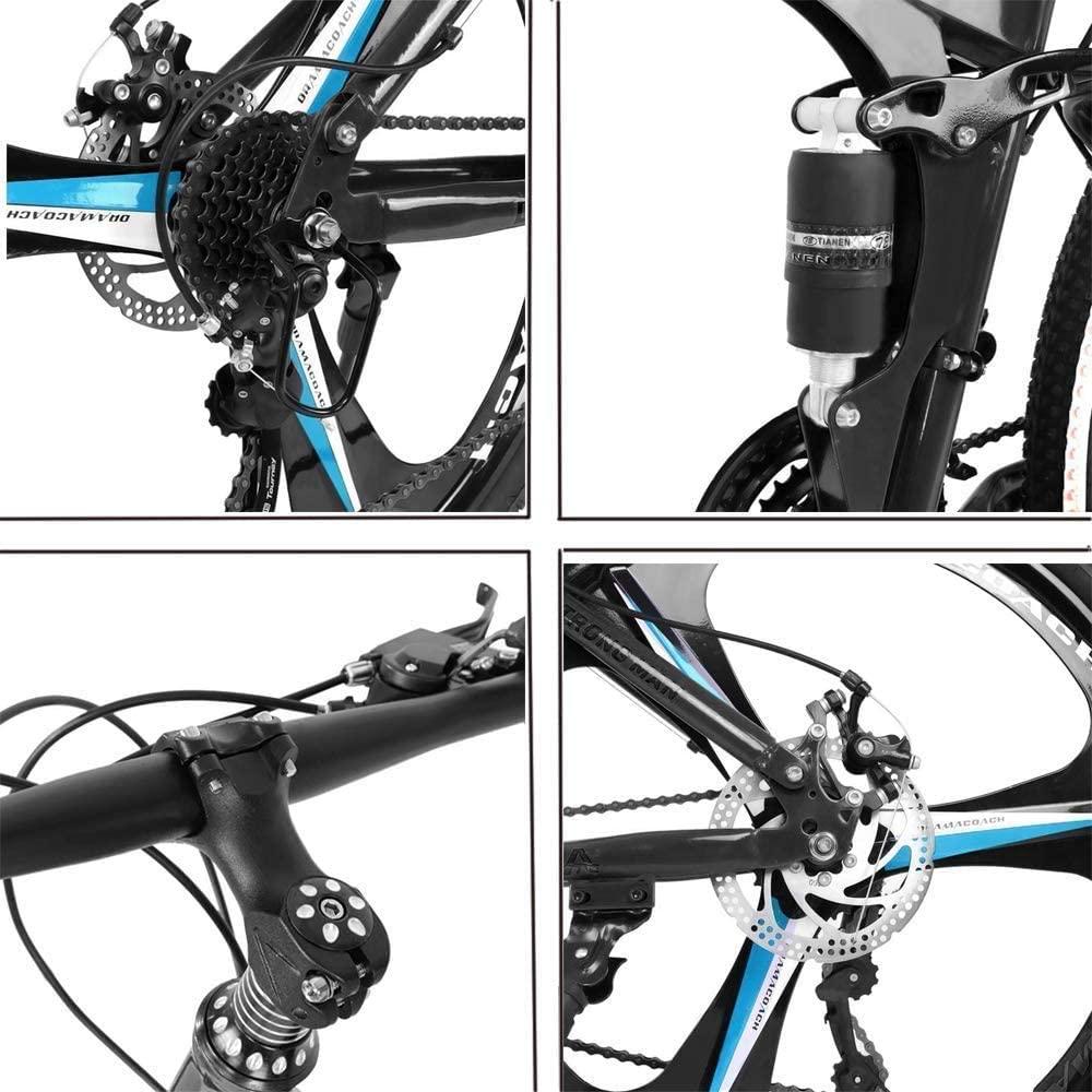 26 inch Folding Mountain Bikes with 21 Speed, Non-Slip Adults Mountain Bike for Men and Women, High-Carbon Steel Mountain Bicycle with Double Disc Brakes and Full Suspension, US Stock