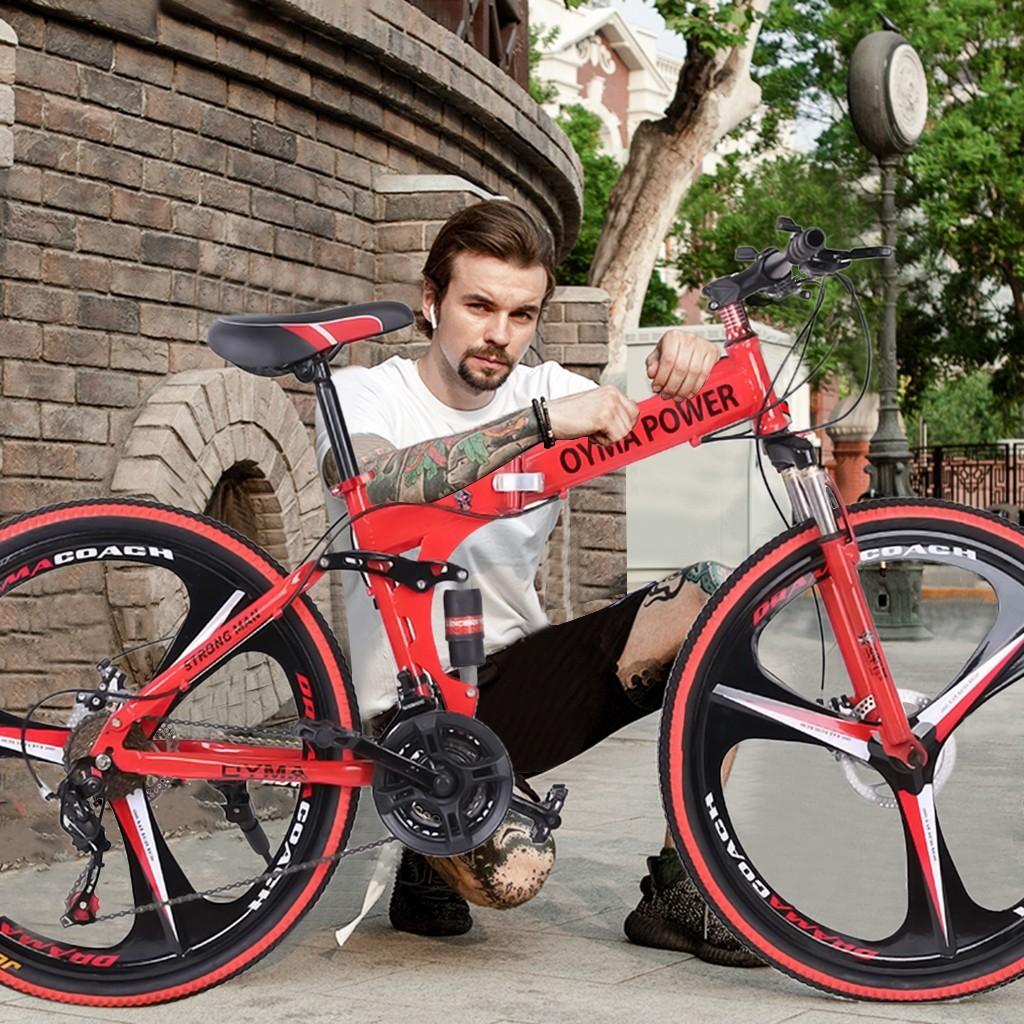 Abcnature 26" Men's Outroad Mountain Bike 21-Speed Folding Full Suspension Bicycle Red