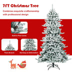 Costway 7Ft Premium Hinged Snow Flocked Slim Artificial Christmas Fir Tree w/ Pine Cones