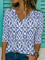 V-neck Floral Print Casual Long-sleeved T-shirt