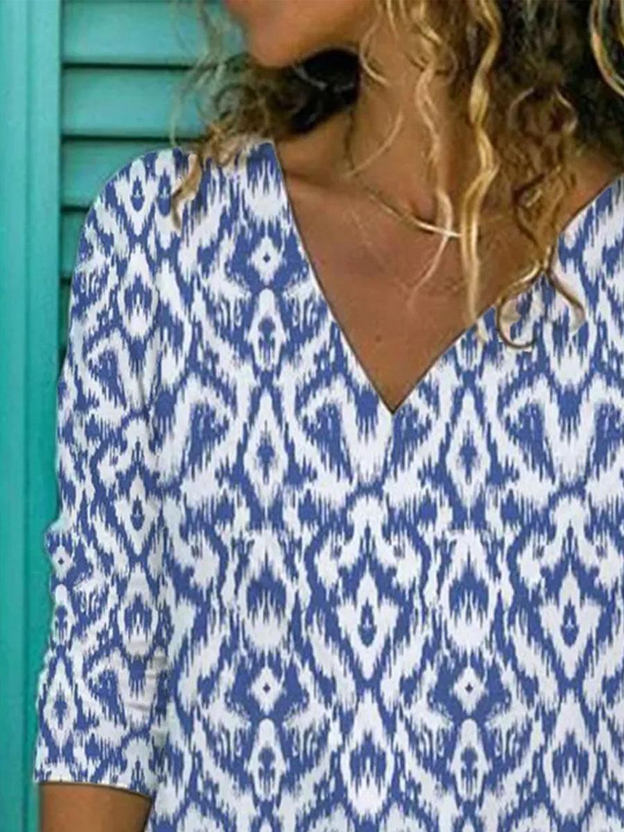 V-neck Floral Print Casual Long-sleeved T-shirt