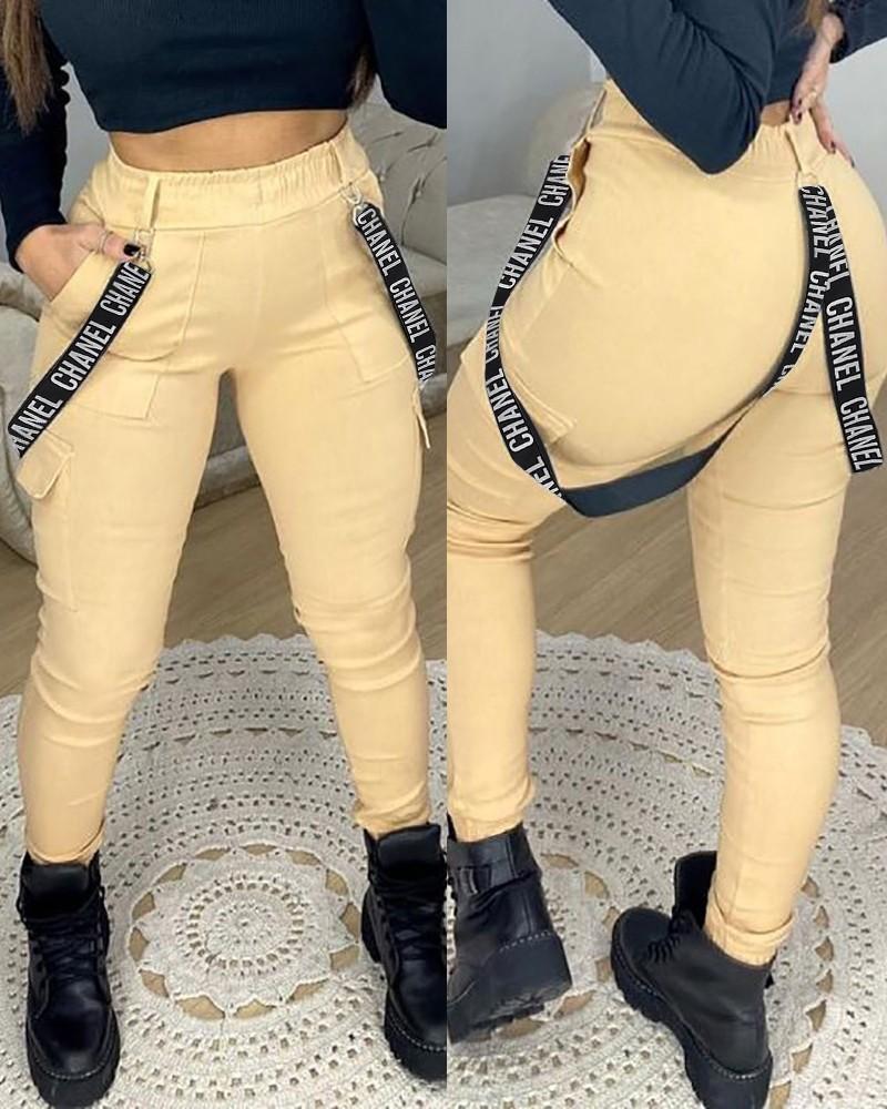 letter print tape decor pocket design casual pants