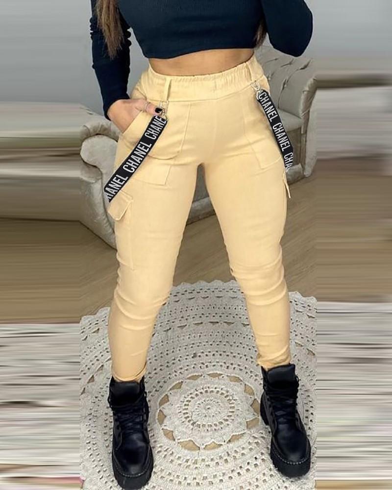 letter print tape decor pocket design casual pants