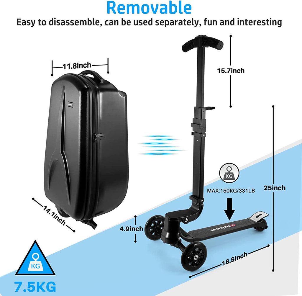 Scooter Suitcase for Adult/Kids Over 6, 50L Luggage Scooter Luggage Aluminum Scooter Travel Ride On Luggage Foldable Trolley Case For Airport, School, Business Trip-Black