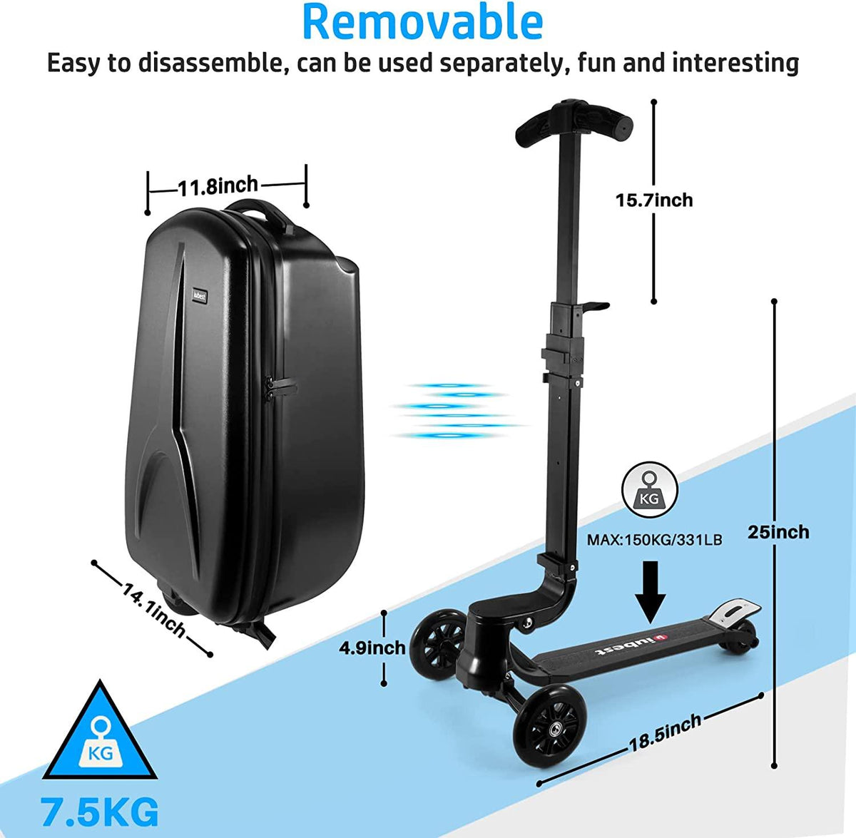 Scooter Suitcase for Adult/Kids Over 6, 50L Luggage Scooter Luggage Aluminum Scooter Travel Ride On Luggage Foldable Trolley Case For Airport, School, Business Trip-Black