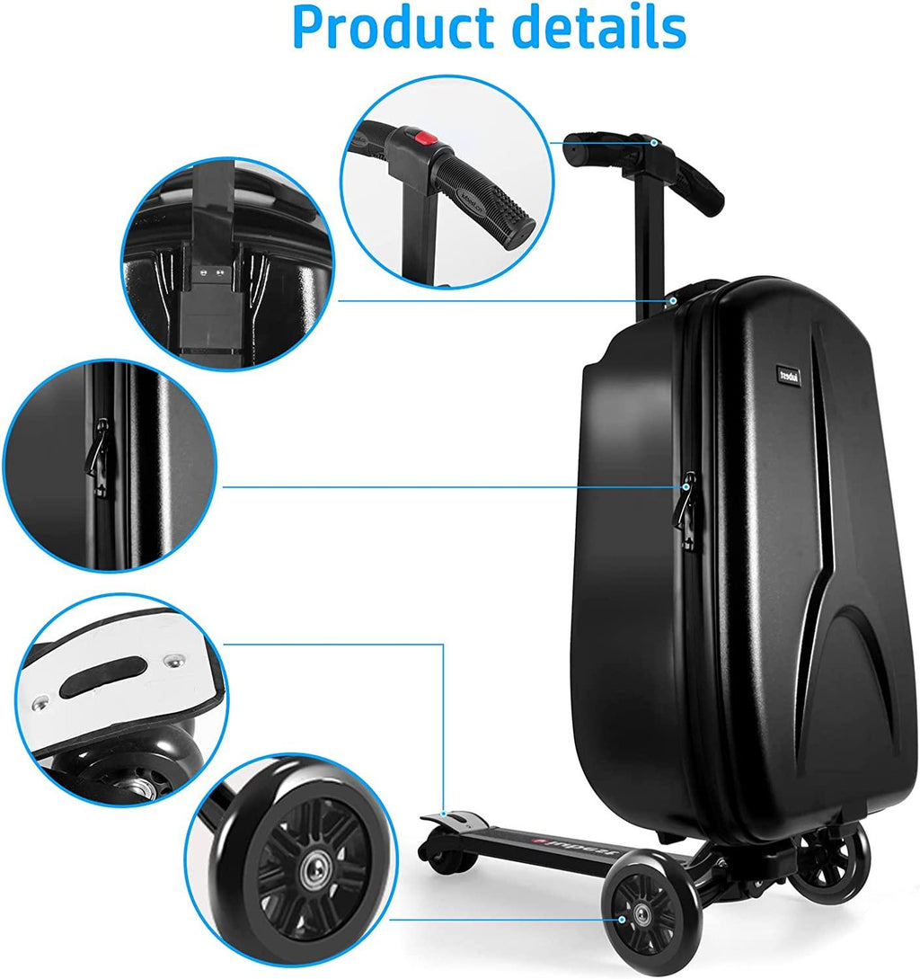 Scooter Suitcase for Adult/Kids Over 6, 50L Luggage Scooter Luggage Aluminum Scooter Travel Ride On Luggage Foldable Trolley Case For Airport, School, Business Trip-Black