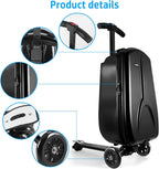Scooter Suitcase for Adult/Kids Over 6, 50L Luggage Scooter Luggage Aluminum Scooter Travel Ride On Luggage Foldable Trolley Case For Airport, School, Business Trip-Black