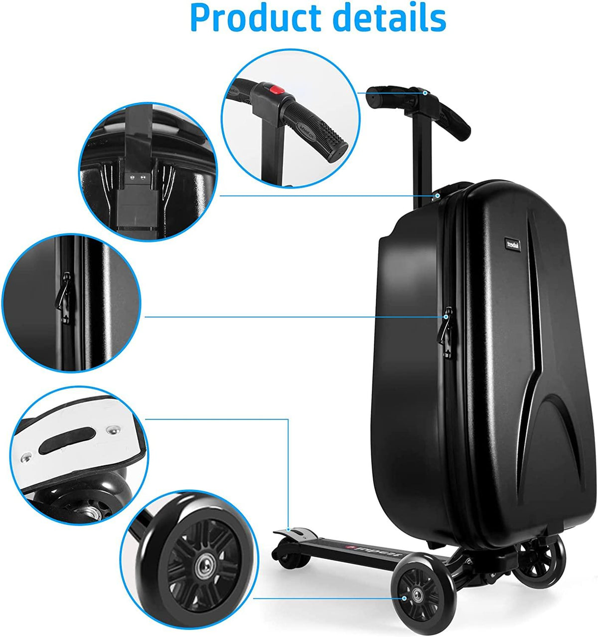 Scooter Suitcase for Adult/Kids Over 6, 50L Luggage Scooter Luggage Aluminum Scooter Travel Ride On Luggage Foldable Trolley Case For Airport, School, Business Trip-Black