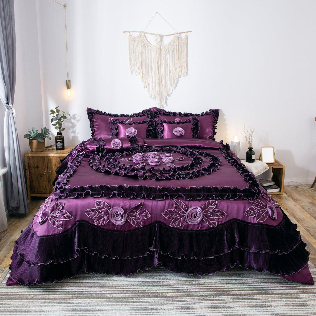 Midnight Bloom Floral Ruffle Faux Satin Comforter Set by Tache Home Fashion