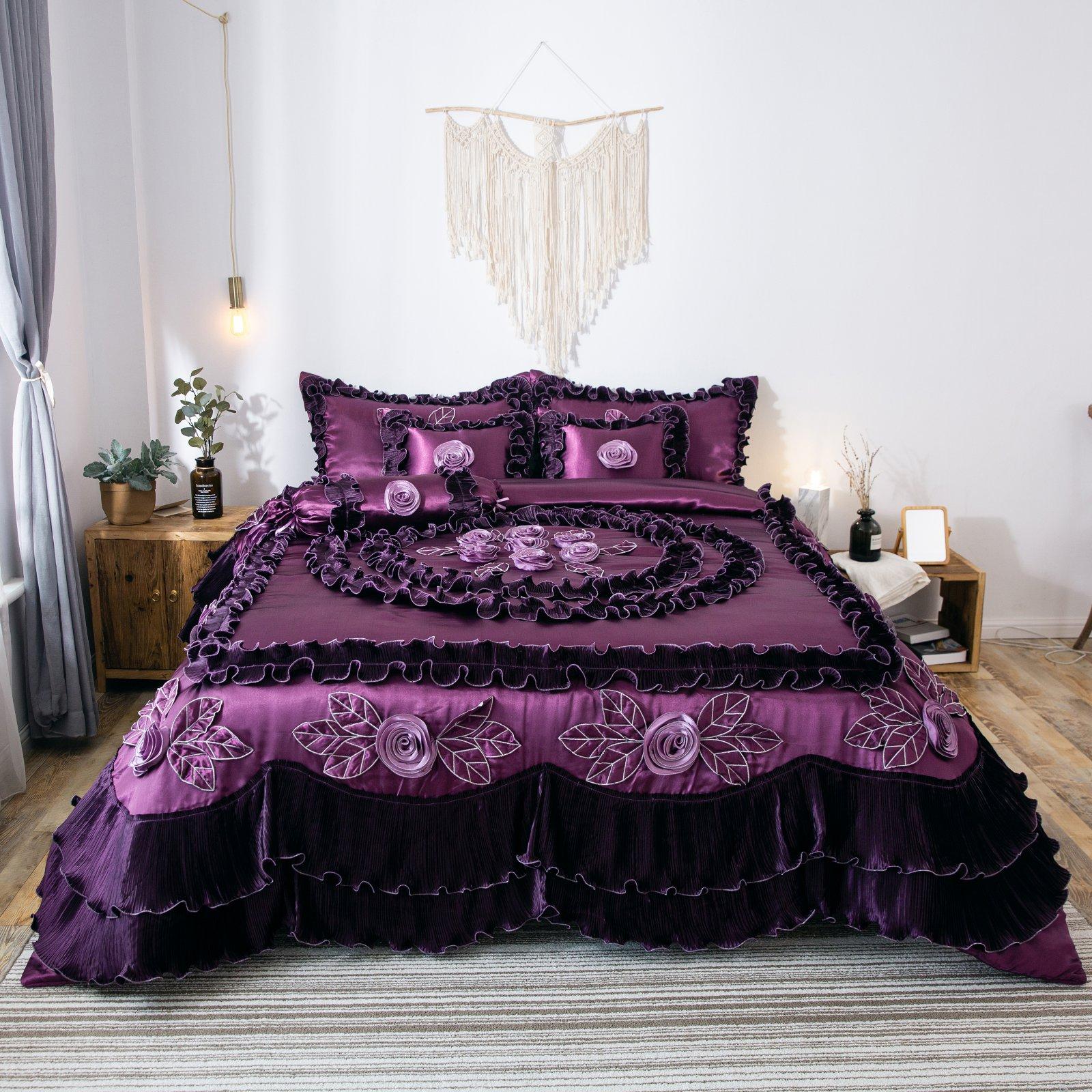 Midnight Bloom Floral Ruffle Faux Satin Comforter Set by Tache Home Fashion