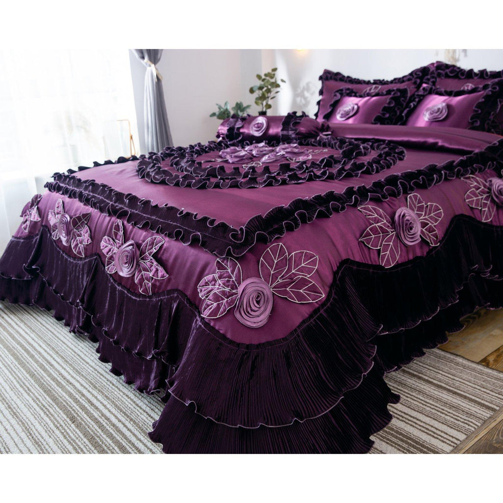 Midnight Bloom Floral Ruffle Faux Satin Comforter Set by Tache Home Fashion