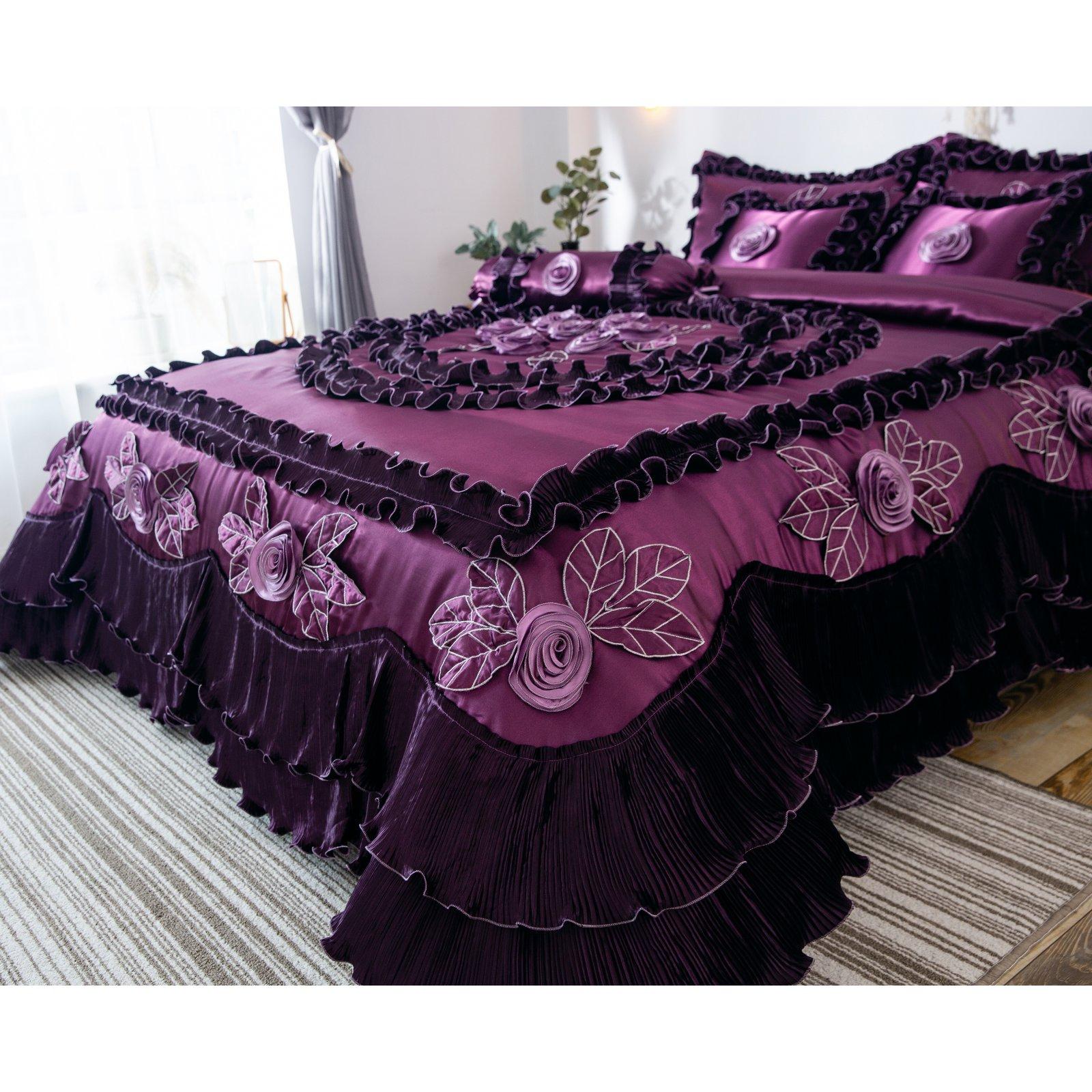 Midnight Bloom Floral Ruffle Faux Satin Comforter Set by Tache Home Fashion