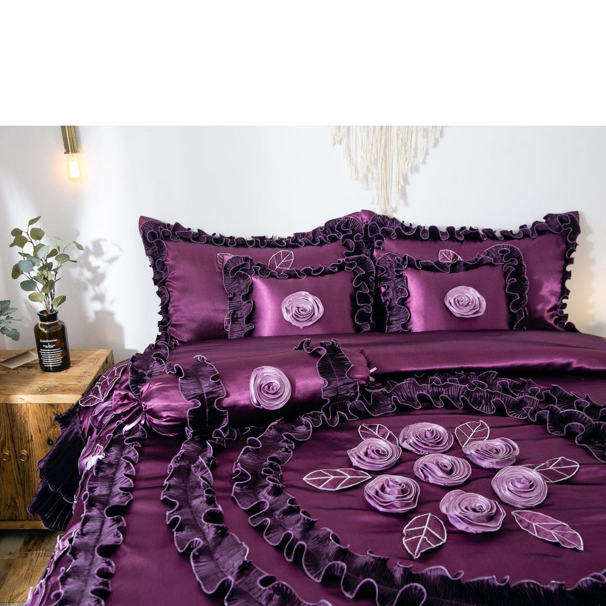 Midnight Bloom Floral Ruffle Faux Satin Comforter Set by Tache Home Fashion