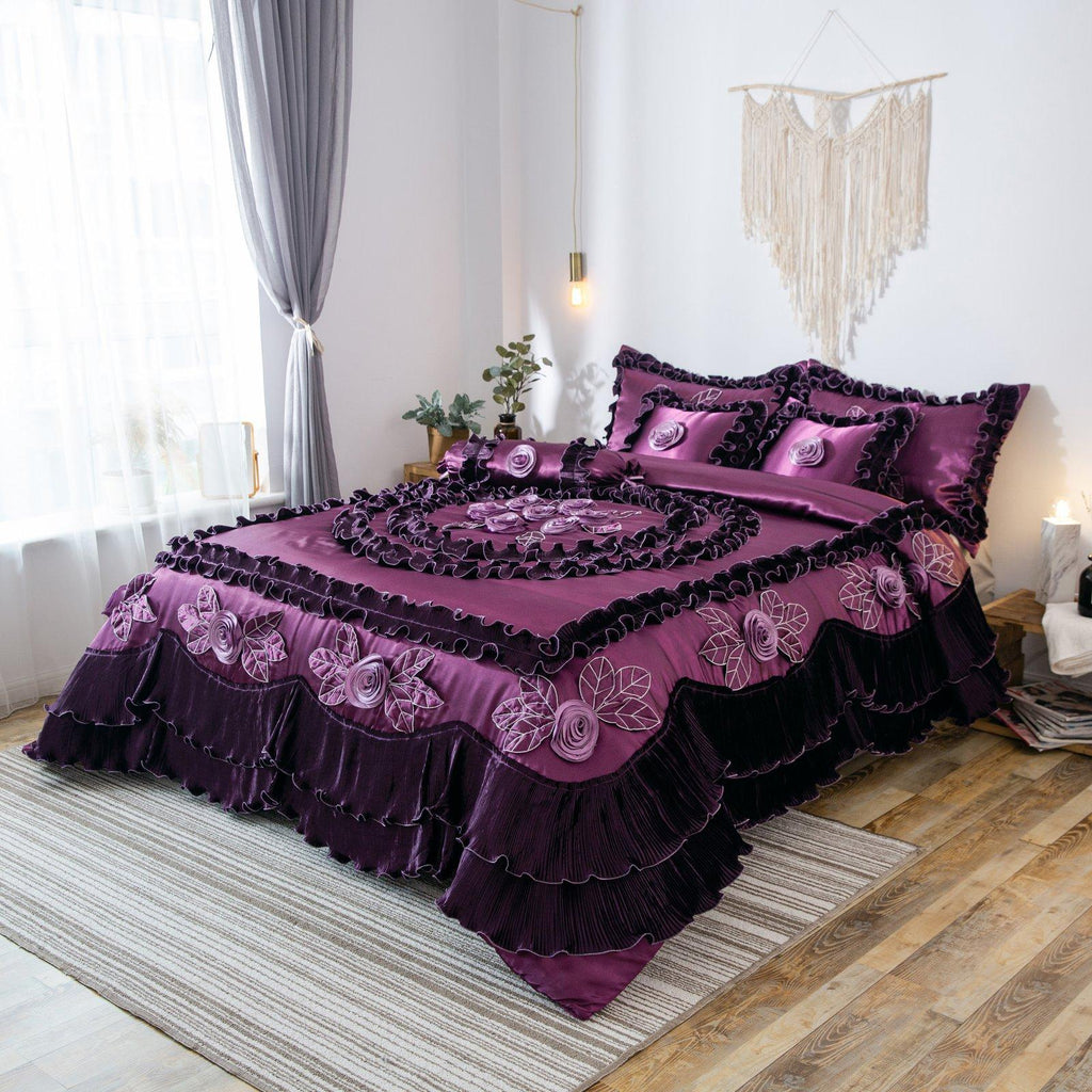Midnight Bloom Floral Ruffle Faux Satin Comforter Set by Tache Home Fashion